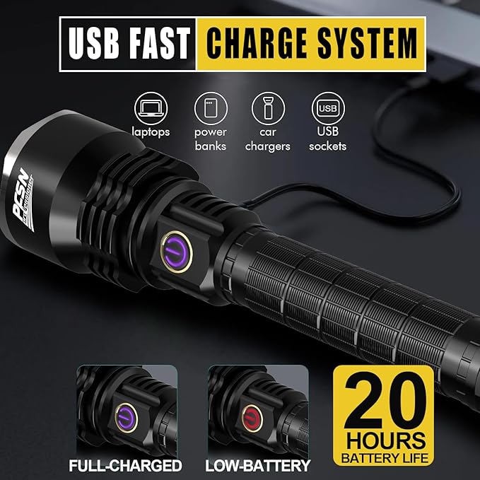 Brightest Rechargeable Flashlights High Lumens - PFSN 6000LM Super Bright Tactical Flashlight IPX65 Waterproof, 400M Long Throw, 20Hrs Lasting, Best Powerful LED Flash Light for Camping Hiking Hunting