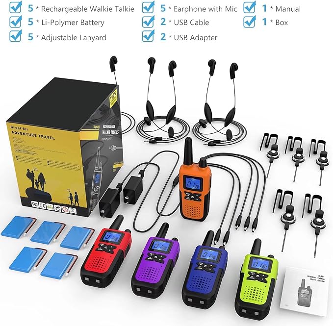 5 Walkie Talkies for Adults Long Range Walkie Talkies Rechargeable - Long Distance Walkie Talkies 5 Pack Family 2 Way Radios Walkie Talkies with Earpiece and Mic Set USB Charger Battery NOAA Alert