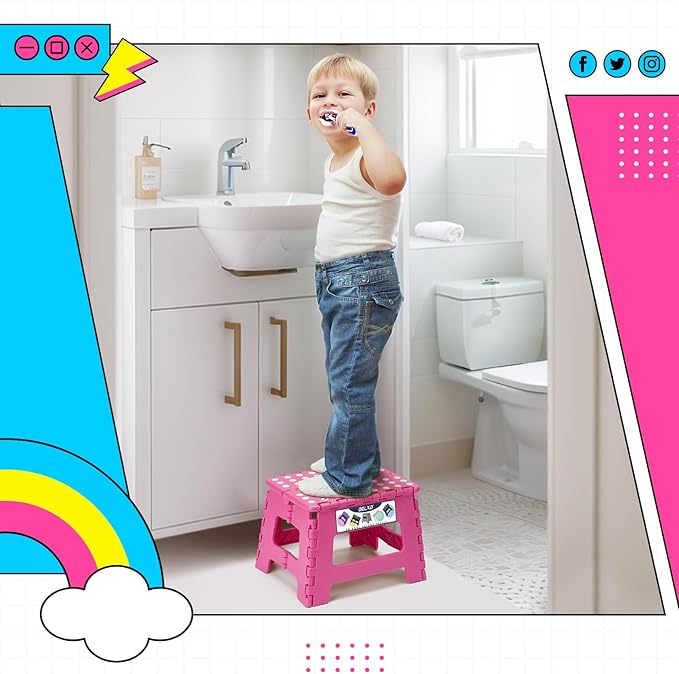 Delxo Folding Step Stool 9 inch Non-Slip Foldable Stools Up to 300 LBS Kids Step Stool with Handle Lightweight for Kitchen, Bathroom, Bedroom, Garden, Rose Pink, 1PC