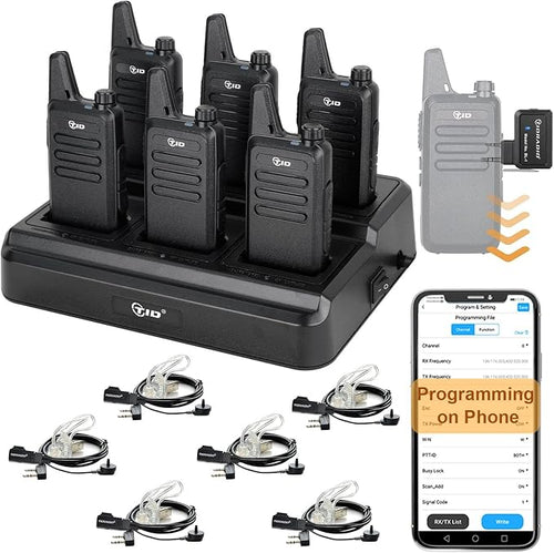 TIDRADIO TD-M8s Radios Walkie Talkies for Adults Long Range,Rechargeable Two Way Radio with Earpieces,6 Way Multi Gang Charger and Wireless Programmer,for School Church Restaurant Business (6 Pack)