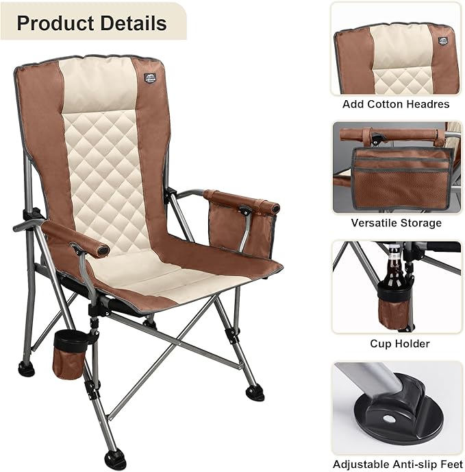 Folding Padded Camping Chair with Hard Armrest,Cup Holder,Heavy Duty for Adults,Paded Backrest,Portable Lawn Lightweight Outdoor Camp Chair,Support up to 400lbs