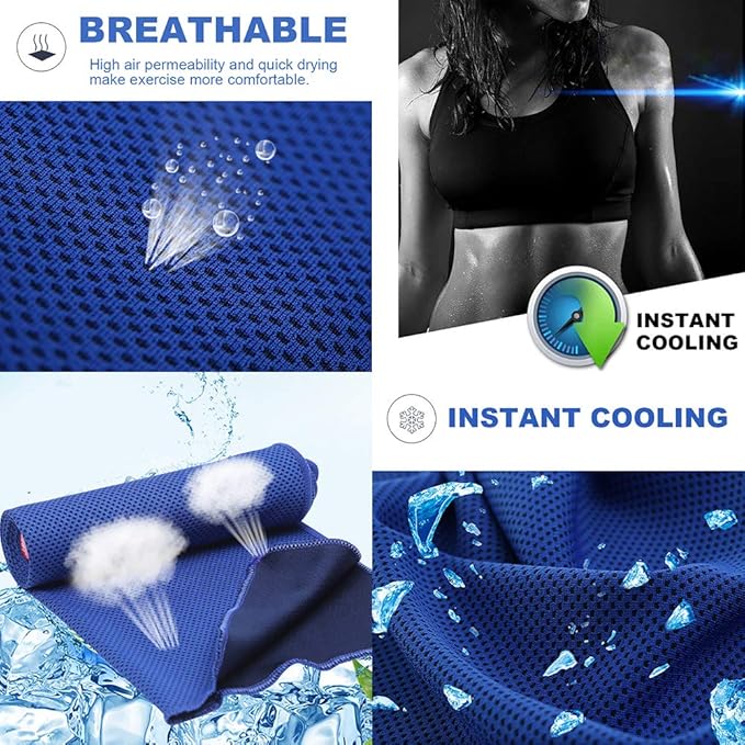 10 Pack Cooling Towels Bulk Microfiber Ice Towel Quick Dry Breathable Chilly Sweat Towel Stay Cool Towel for Neck Face Yoga Gym Workout Running Beach with Carabin Bag, 40x12'', Dark Blue