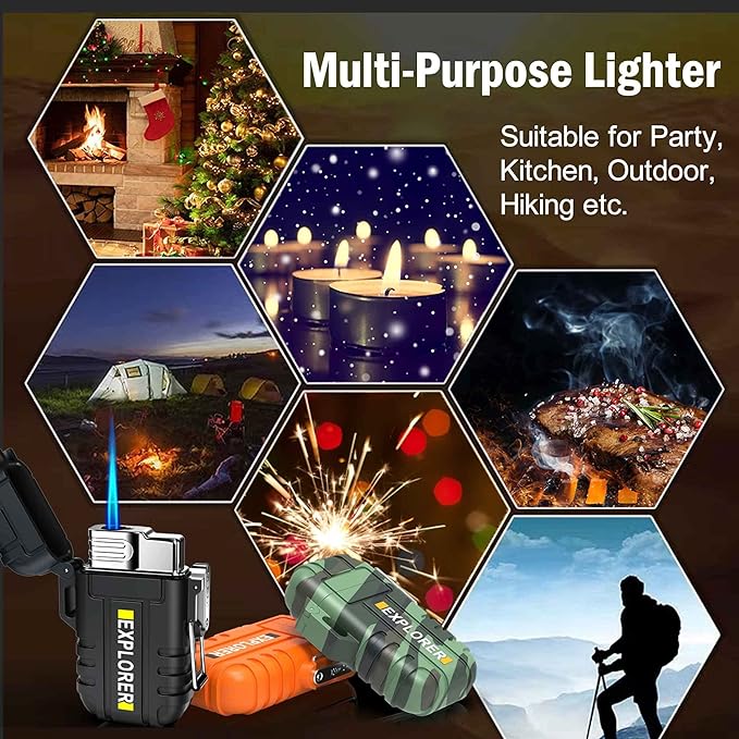 Torch Lighter, 2 Pack Butane Lighter, Windproof Outdoor Gas Lighter Adjustable Jet Flame Lighters, Fireplace Fireworks Grill Camping BBQ Lighter, Gifts for Men. (Without Gas) (Black+Black)