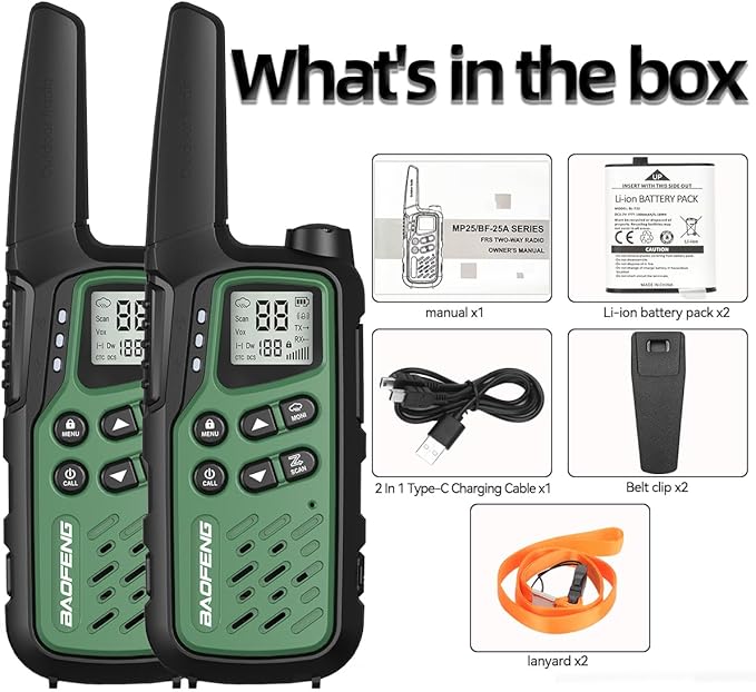 Baofeng Walkie Talkies with 22 FRS Channels, Long Range Walkie Talkies for Adults MP25 Family Walkie Talkie Two Way Radio with LED Flashlight LCD Display for Hiking Camping (Green,Include Battery)