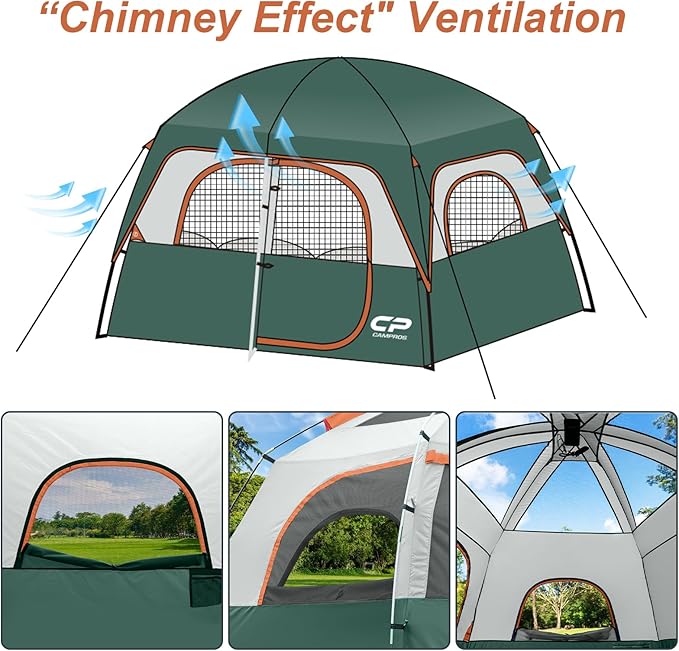CAMPROS CP Tent 6/8 Person Camping Tents, Waterproof Windproof Family Dome Tent with Top Rainfly, Large Mesh Windows, Double Layer, Easy Set Up, Portable with Carry Bag, for All Seasons