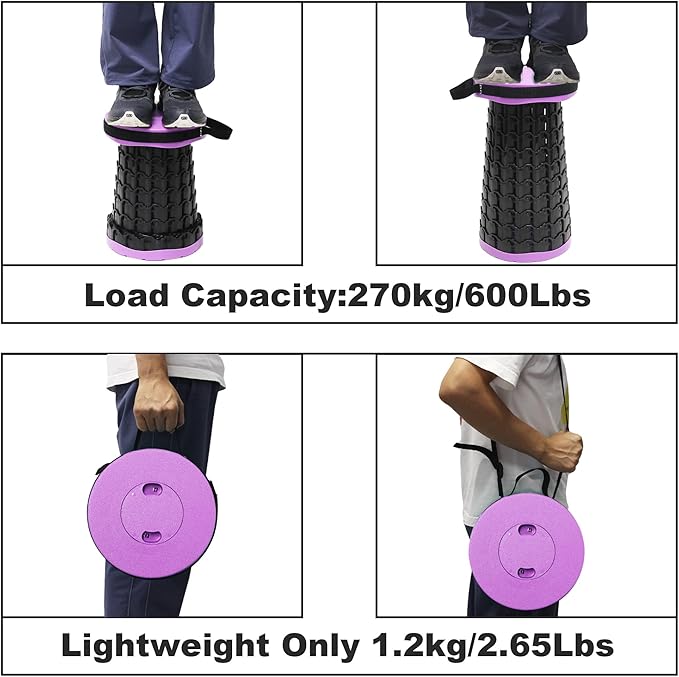 ALEVMOOM Collapsible Stool with Cushion, H18.1 D10.24 Portable Telescoping More Sturdy Load Capacity 600Lbs, Retractable Adjustable Camping Folding Stool for Outdoor Hiking BBQ Climb