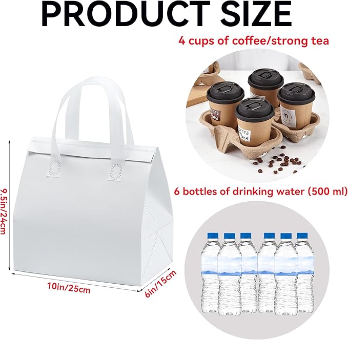 100 Pcs Insulated Take Away Bags, Disposable Lunch Bags For Food Takeaways, Coffee, Milk Tea, Seafood, Pizza, For Restaurants And Grocery Shops 9.5 x 6 x 10 In (white)