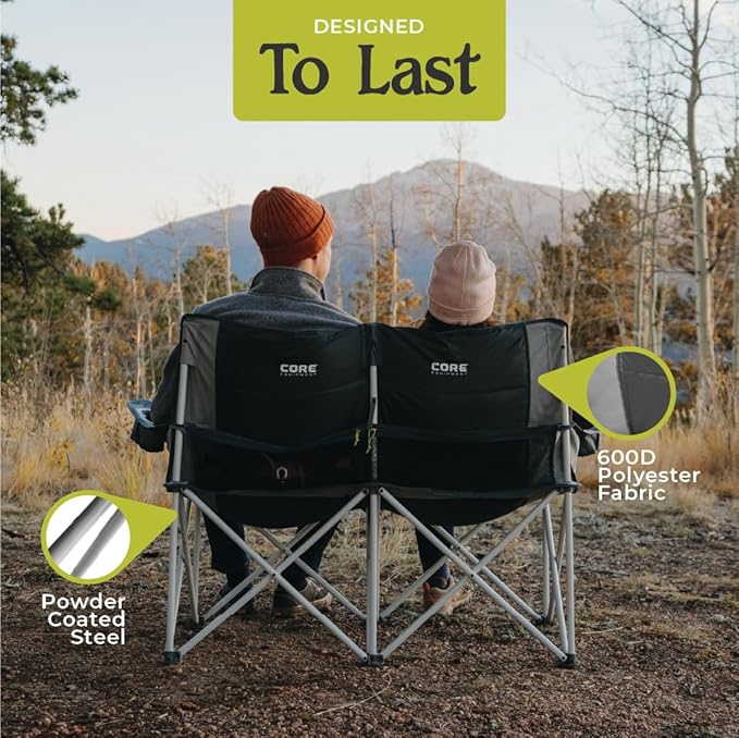 CORE Loveseat Outdoor Camp Chair | 2 Person Folding Double Lawn Chair with Storage Pockets for Accessories | Perfect for Concert Seat, Festivals, Sports, Beach, Travel & Picnic