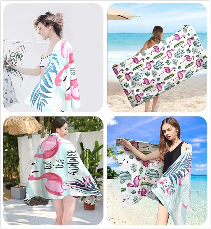 Beach Towel Oversized,Thin Microfiber Beach Towel ,Super Absorbent Quick Dry Sand Free Cute Flamingo Cool Swim Beach Towels for Kids,Men,Women,Boys,Girls with Zipper Pocket Travel Bag (flamingos)