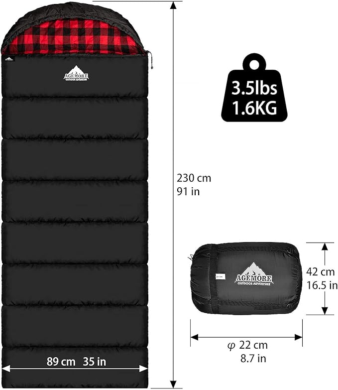 AGEMORE Cotton Flannel Sleeping Bag for Adults, Lightweight XXL Cotton Sleeping Bag for Camping Backpacking or Hiking, Water Resistant 3-4 Season Sleeping bag for Warm & Cool Weather
