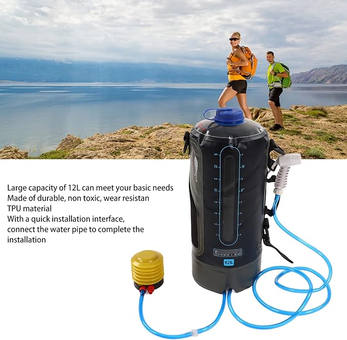 Topyond Camping Shower Bag, 12L Capacity Portable Shower Bag with Pump and Water Tube for Outdoor Backpacking,Outdoor Water Storage Bags Camping Accessories for Camping, Beach, Hiking, Climbing