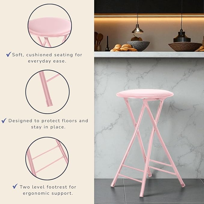 Lavish Home Set of 2 Counter Height Bar Stools – 24-Inch Backless Folding Chairs with 225lb Capacity for Kitchen, Rec Room, or Game Room (Pink)