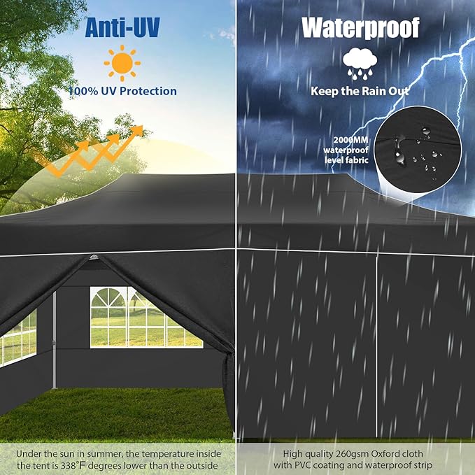 HOTEEL 10x20 Pop up Canopy Tent for Parties, Heavy Duty Easy Setup Tent with 6 Sidewalls, Outdoor Commercial Instant Gazebo for Wedding Event, with Roller Bag & Sand Bags, Black(Hexagonal Frame)