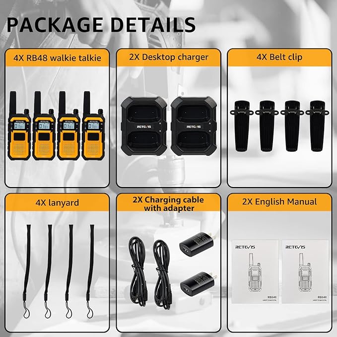 Retevis RB48 Heavy Duty Walkie Talkies, Waterproof Two Way Radio, Advanced Triple Proof, 2000 mAh, Emergency Alert, 2 Way Radio Long Range for Job Site (4 Pack) Yellow