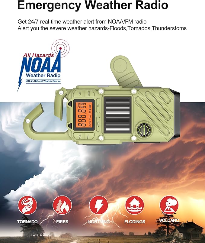Rechargeable Adult Walkie Talkie with Emergency Solar Hand Crank Charging with FM/NOAA,Weather Alert,LED Flashlight-USB Charging and SOS Siren Long Range 2-Way Radio