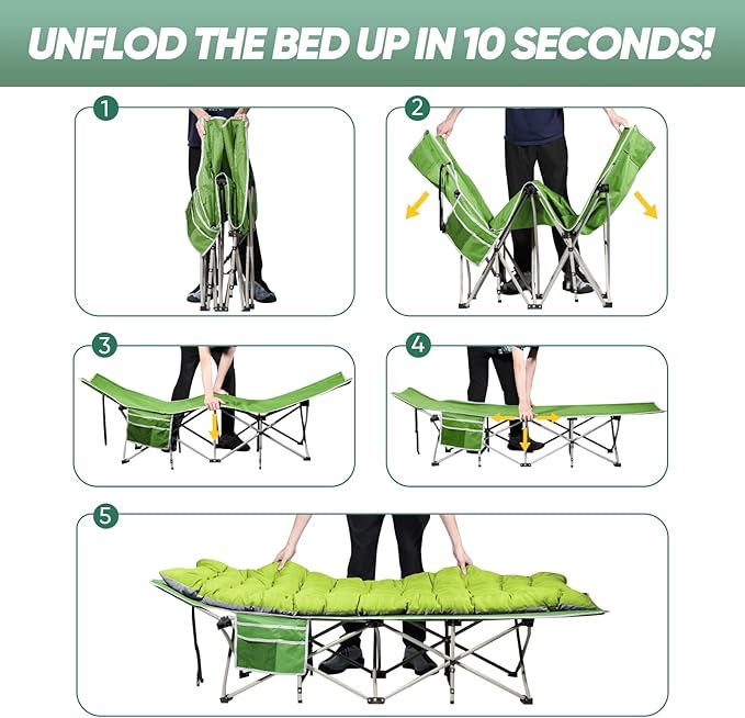 HAITRAL Portable Camping Cot with Mattress - Outdoor Folding Heavy Duty Sleeping Bed with Side Pocket for Adults - Oxford Single Lounge Chaise for Camping Tent Beach Office Max Load 300 LBS (Green)