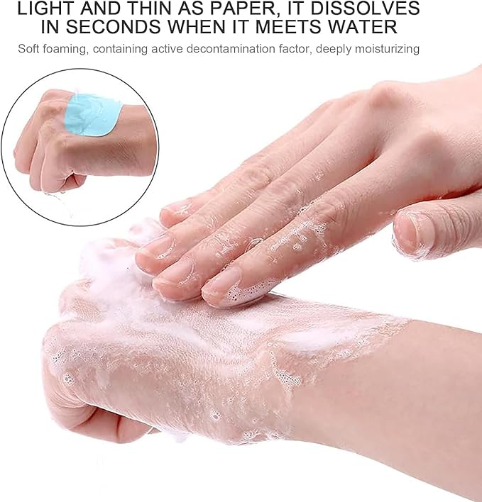 1 Box 50Pcs Blue Portable Soap Sheets, Mini Portable Travel Soap Paper Sheets Disposable Water Soluble Hand Washing Bath Scented Paper Soap, Outdoor Camping Soap and Shampoo, Camping Hiking