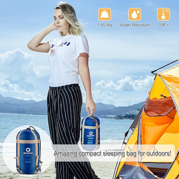 ECOOPRO Warm Weather Sleeping Bag - Portable, Waterproof, Compact Lightweight, Comfort with Compression Sack - Great for Outdoor Camping, Backpacking & Hiking-83 L x 30" W Fits Adults
