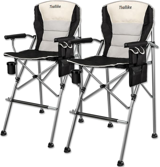 Foldable Directors Makeup Salon High Chair - Portable Camping Bar Height Folding Photoshoot Chairs with Stroage Bag Cup Holder Non-Slip Footrest, Supports 400 lbs Black Tall Director Chair (2Pack)