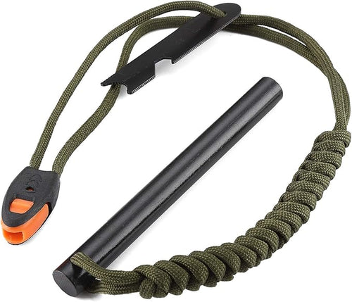 FOSTAR 5 Inch Emergency Weatherproof Flint Ferrocerium Rod Fire Starter, with Whistle, Steel Multitool Striker Paracord Lanyard Handle Survival Ferro Rod Kit