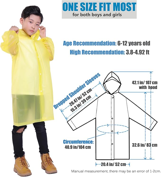 2 Pack Rain Ponchos for Kids, Reusable Kids Rain Jacket with Hood Waterproof Raincoats for Boys and Girls