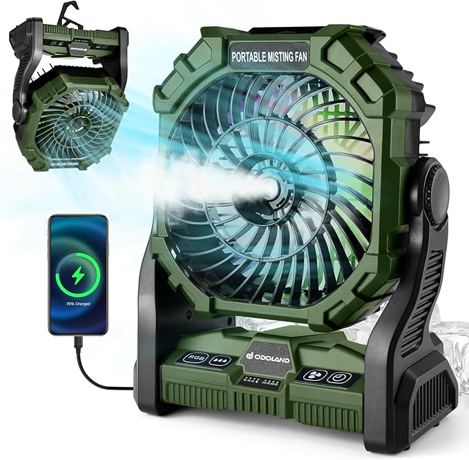 Odoland Bundle - 2 Items Portable LED Camping Lantern & Portable Misting Fan with Light & 250mL Water Tank