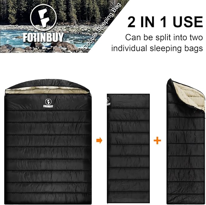 0 Degree Double Sleeping Bag for Adults, 2 Person Cold Weather Queen Size Sleeping Bag for Camping, RV Travel, or Family Outdoors