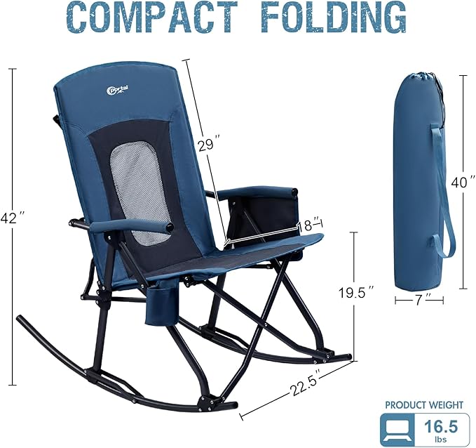 PORTAL Oversized Folding Rocking Camping Chair Portable Outdoor Rocker with High Back Hard Armrests Carry Bag, Supports 400 lbs