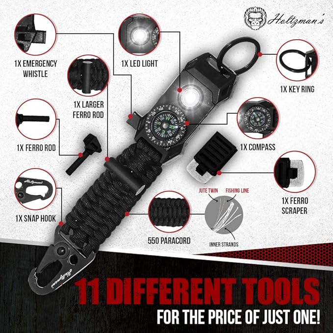 Men's Keychain | 11-in-1 LED Carabiner Lanyard Key Chain Fires Starter for Camping, Fishing, Hunting & Outdoor Emergencies Multipurpose Survival Tool Emergency Whistle, Flint Rod