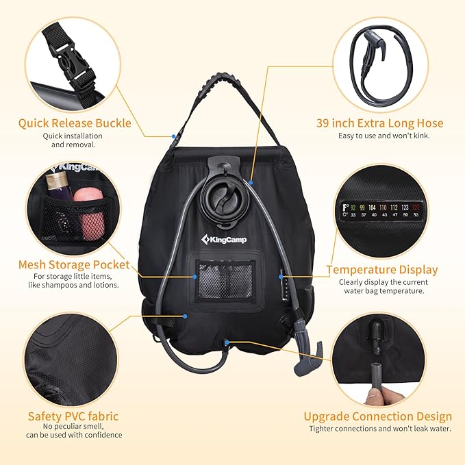 KingCamp Solar Shower Bag for Camping, Lightweight Shower Bag, Durable, Leak-Proof Design with Thermometer, Removable Hose, Switchable Shower Head, Portable Solar Shower for Camping