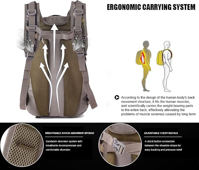 Hunting Backpack with Waterproof Rain Cover Camo Backpack with Bow and Rifle Holder for Camping,Hiking