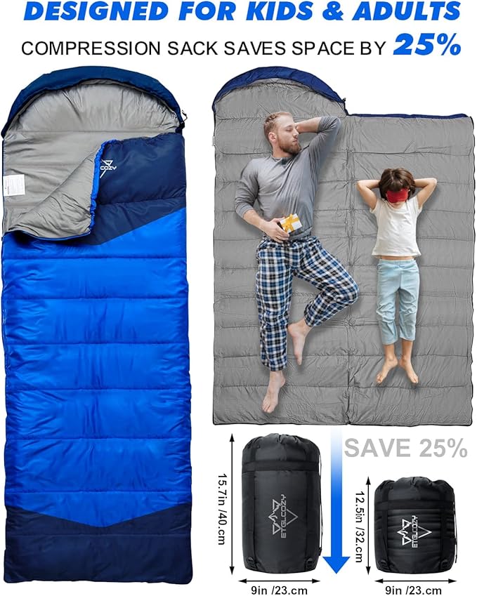 Sleeping Bag for Adults Cold Weather & Warm, Lightweight Backpacking Camping Hiking Essentials Gear for Kids 10-12 Girls Boys Compact w/Compression Sack Indoor Outdoor Sleep Must Haves