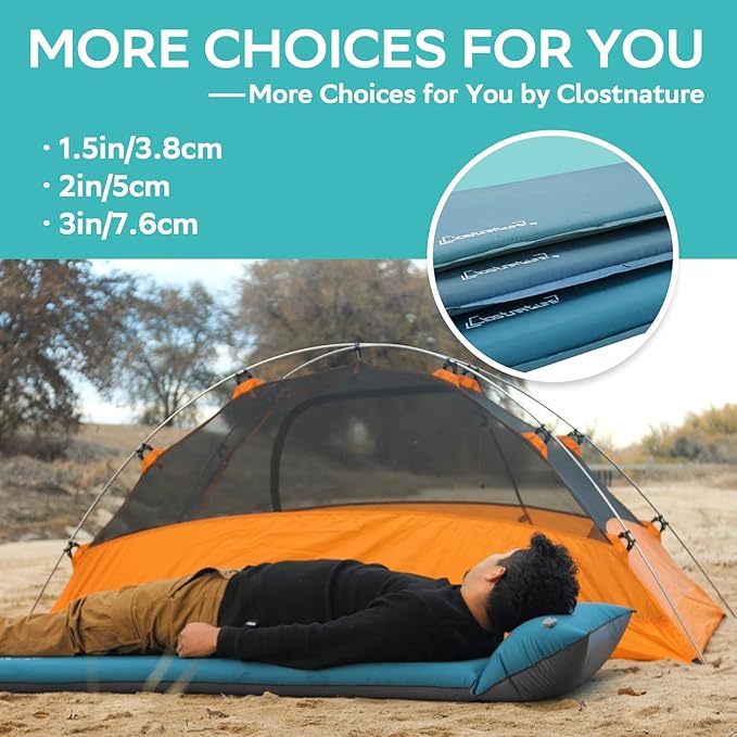 Clostnature Self Inflating Sleeping Pad - 1.5/2/3 inch, Lightweight Inflatable Camping Mattress Pad, Insulated Foam Sleeping Mat for Backpacking, Tent, Hammock