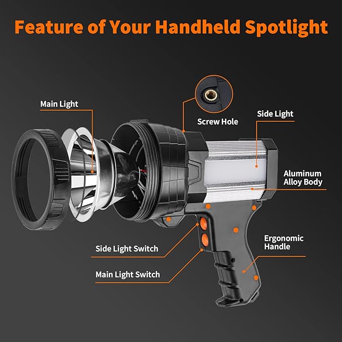 Super Bright Rechargeable Spotlight,Handheld Rechargeable LED Flashlight Ultra-Long Standby Lightweight Tactical Searchlight with USB Output Aluminium Alloy Golden Camping Light (White Light)