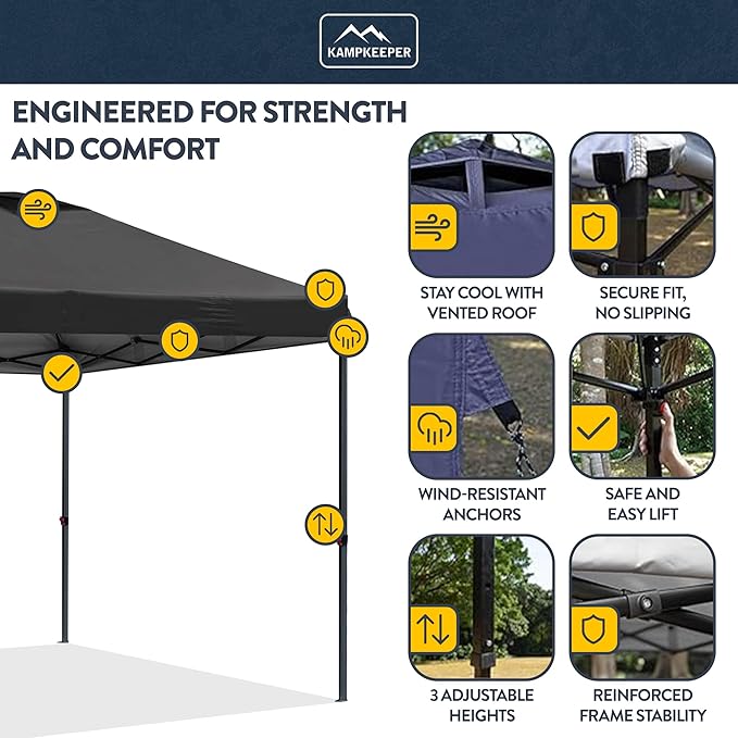 KAMPKEEPER 10x10 Pop Up Canopy Tent with 2 Sidewalls - Waterproof Outdoor Shelter for Sun Shade, Camping, Beach, Patio and Backyard Events, Black