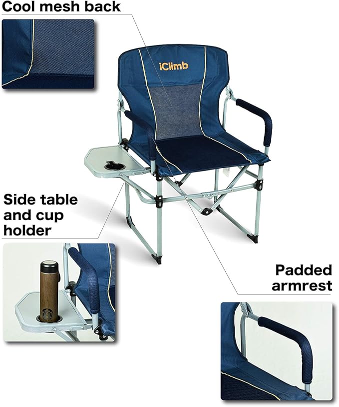 iClimb Heavy Duty Compact Camping Folding Mesh Chair with Side Table and Handle