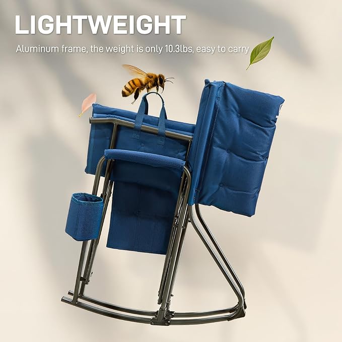 EVER ADVANCED Lightweight Folding Rocking Camping Chair, Padded Portable Rocker Chair for Patio, Lawn and Outdoors, Heavy Duty Hard Armchair for Adults, Blue