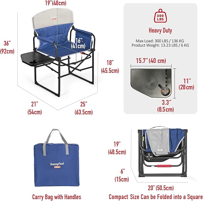 SUNNYFEEL Heated Camping Directors Chair 2 Pack, Portable Folding Lawn Chairs for Adults Heavy Duty with Side Table,Pocket for Beach, Fishing,Picnic,Concert Outdoor, Foldable Camp Chairs