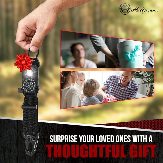 Men's Keychain | 11-in-1 LED Carabiner Lanyard Key Chain Fires Starter for Camping, Fishing, Hunting & Outdoor Emergencies Multipurpose Survival Tool Emergency Whistle, Flint Rod