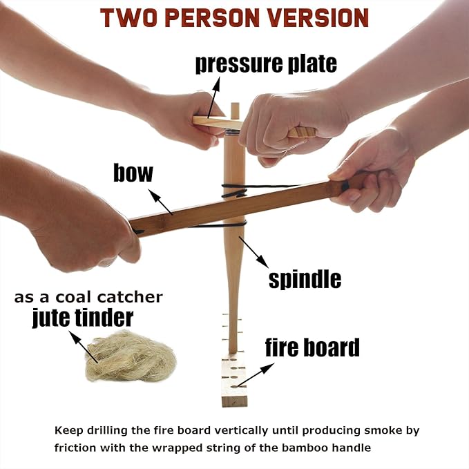 PSKOOK Bow Drill Kit Fire Starter, Primitive Wood, Survival Practice Friction Fire Tool for Scout Outdoor Activity Teaching, Outward Bound Training, Wildness Survival Beginner