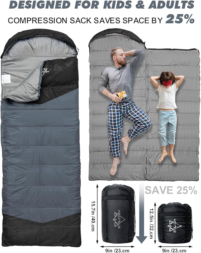 Sleeping Bag for Adults Cold Weather & Warm, Lightweight Backpacking Camping Hiking Essentials Gear for Kids 10-12 Girls Boys Compact w/Compression Sack Indoor Outdoor Sleep Must Haves