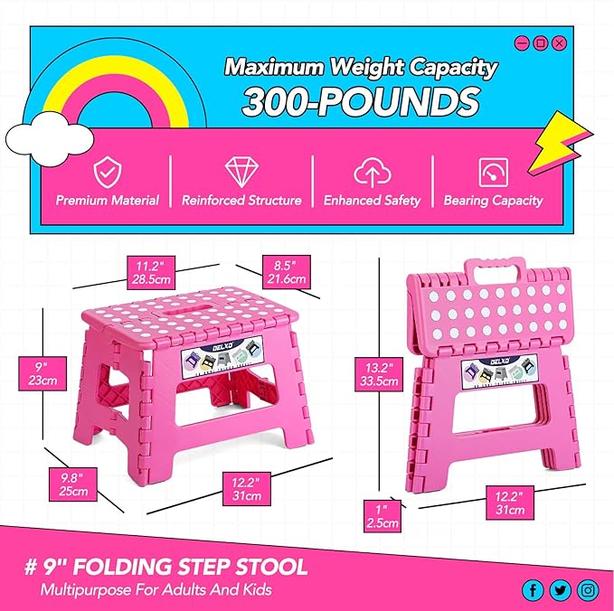 Delxo Folding Step Stool 9 inch Non-Slip Foldable Stools Up to 300 LBS Kids Step Stool with Handle Lightweight for Kitchen, Bathroom, Bedroom, Garden, Rose Pink, 1PC