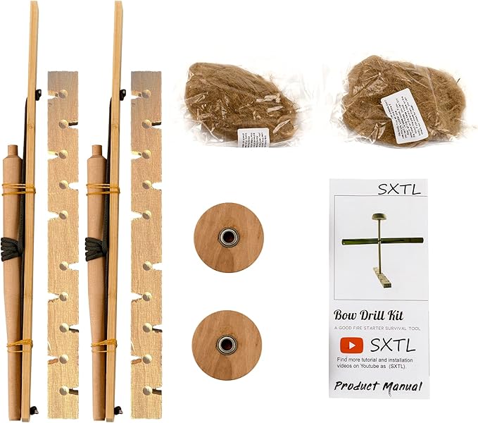 SXTL Bow Drill Fire Starter Kit Outdoor Survival Practice Tool, Friction Fire Starter for Scout, Backpacking and Camping, Survival Training and Teaching
