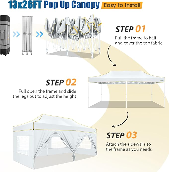 HOTEEL 13x26 Pop up Canopy Tent for Parties, Heavy Duty Easy Setup Tent with 6 Sidewalls, Outdoor Commercial Instant Gazebo for Wedding Event, with Roller Bag & Sand Bags, White(Hexagonal Frame)