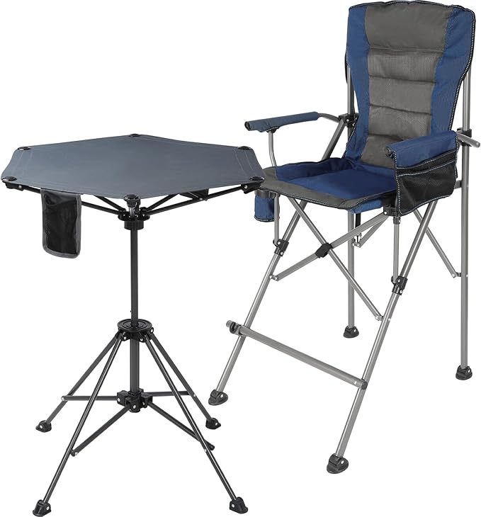 Extra Tall Folding Chairs & Adjustable Height Folding Table Set, Portable Outdoor Bar Table & Foldable Director Chairs with High Back and Storage Bag for Backyard,Beach,Travel