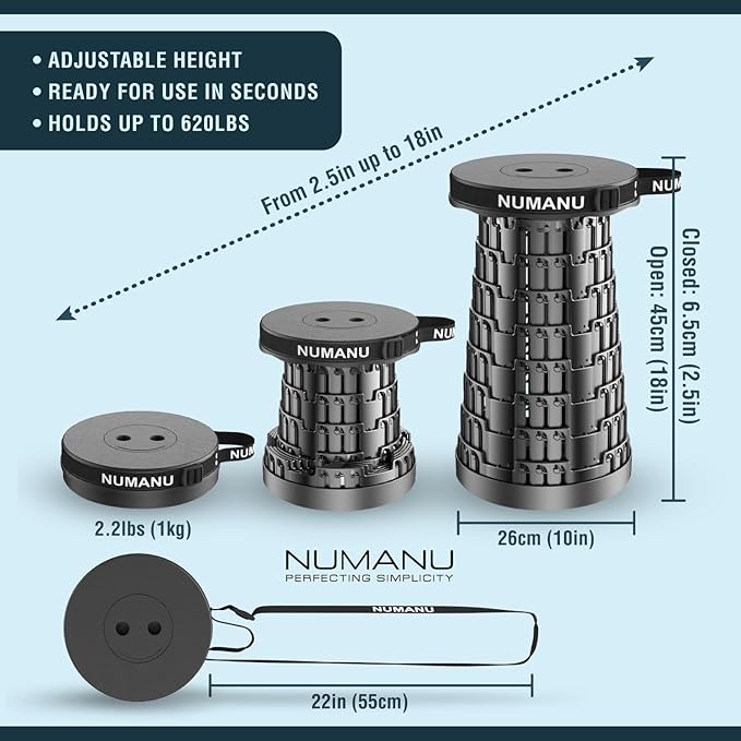 NUMANU 2025 Upgraded Collapsible Stool & 3IN1 Cushioned Carry Bag, Telescopic Folding Stool, Max 620lbs Adjustable Height Camping Chair, Retractable Seat or Travel Footrest for Outdoors, 18" H Stool