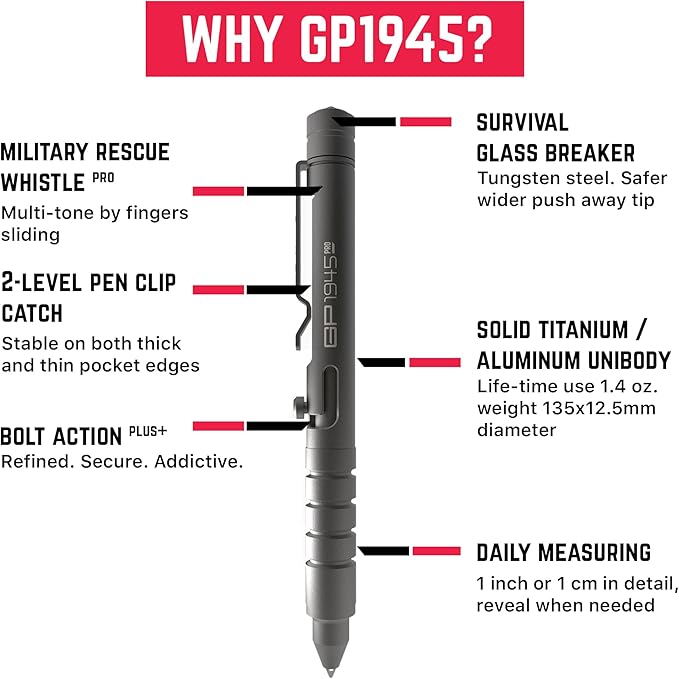 GPCA - GP 1945 Bolt Action Pen PRO, Smart Alternative to a Pen Light, EDC Pen Multitool with Rescue Whistle, Measurement on grip, Survival Gear for Camping, Titanium, Dark