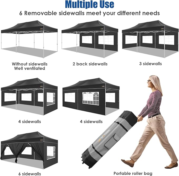 HOTEEL 10x20 Pop up Canopy Tent for Parties, Heavy Duty Easy Setup Tent with 6 Sidewalls, Outdoor Commercial Instant Gazebo for Wedding Event, with Roller Bag & Sand Bags, Black(Hexagonal Frame)