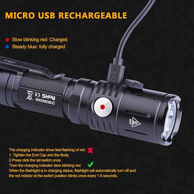 MX65 Tactical Flashlight 1060 Lumens Built-in a Fast Charging Rechargeable LED Handheld Flashlights 5 Brightness Waterproof Flashlight