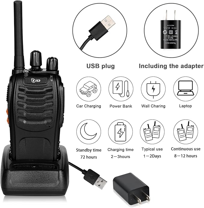 TIDRADIO TD-V2 Walkie Talkies for Adults Long Range, Rechargeable Two Way Radio Earpiece with MIC,16 Channels Handheld Walkie-Walkie(2 Pack, Black)